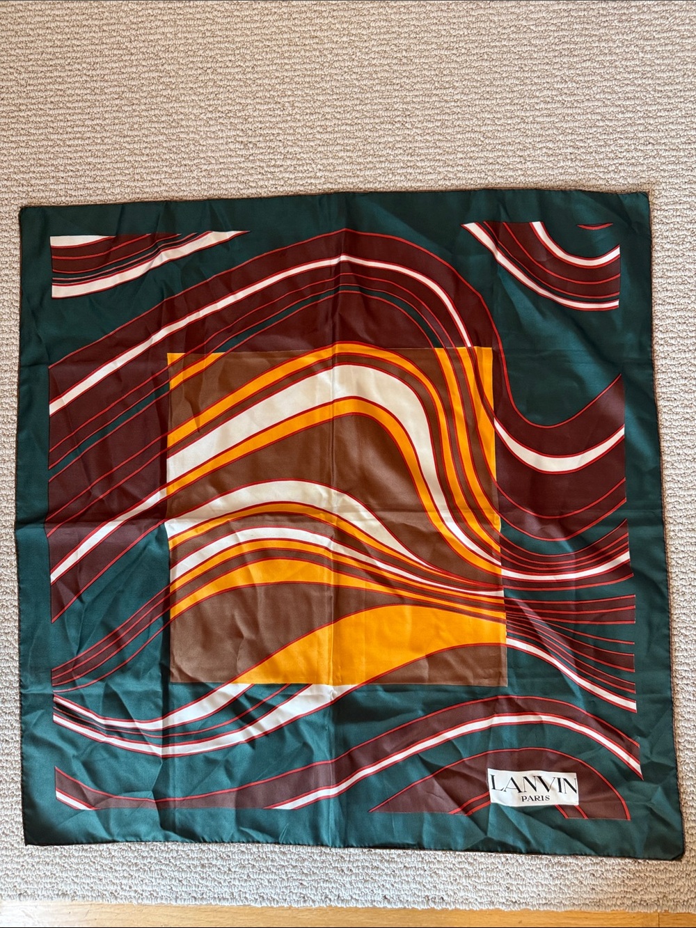Lanvin Vintage 1980’s Green, Orange & Brown Wavy Graphic Silk Scarf